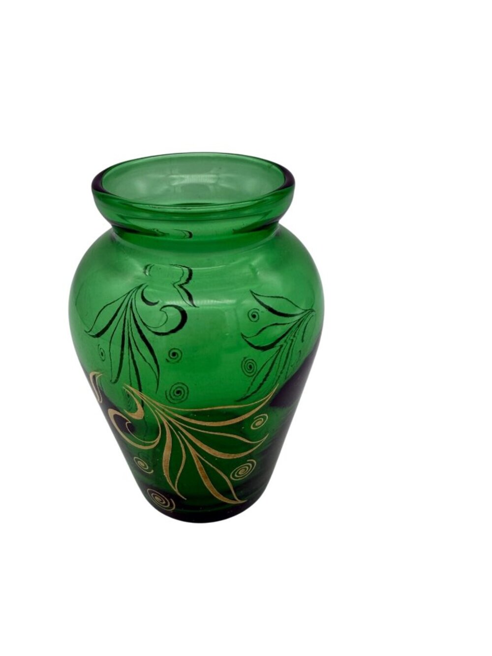 Vintage Green Art Glass Vase Gold Floral Scroll Decor 4 Inch Hand Painted MCM - Picture 3 of 5